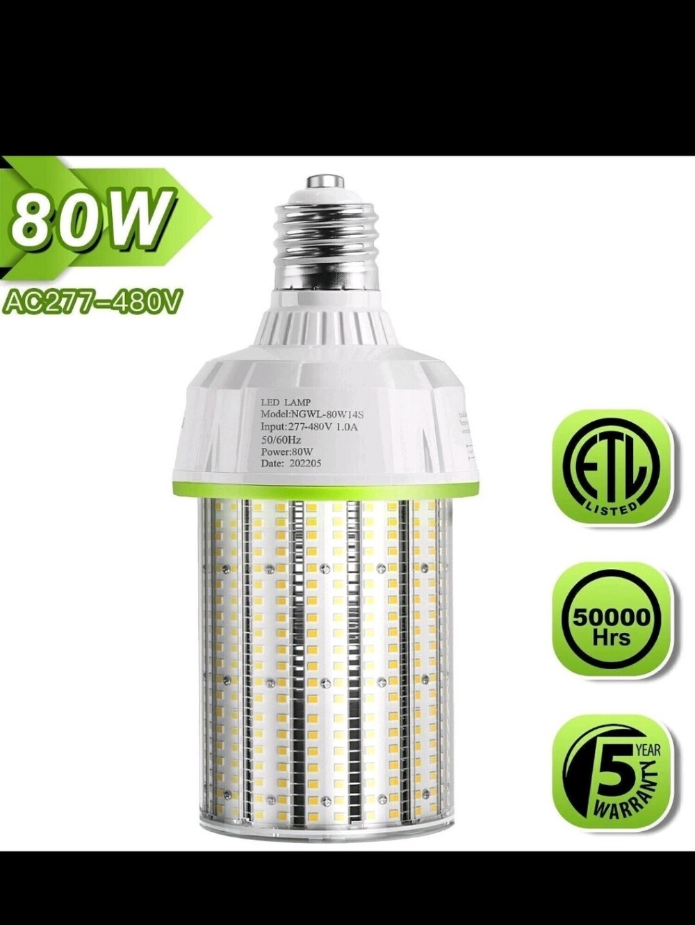 LED Corn Cob Light Bulb 80W AC 277-480V for Warehouse Factory Workshop Airport